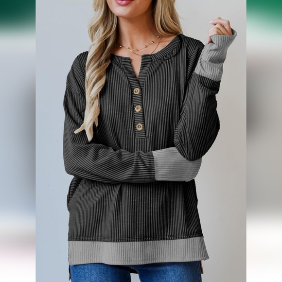 SHEWIN Womens Sweatshirt Casual Fall Tops for Women Trendy Button Henley Neck, M - Picture 6 of 6